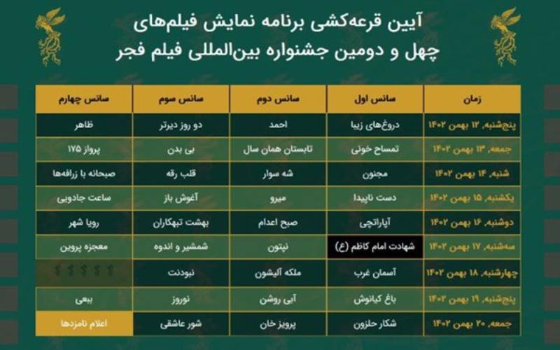 زمان‌بندی اکران فیلم جشنواره